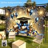 Elegant 2026 Grad Party Backdrop, Blue Gold Ribbons Fireworks Diplomas Grad Cap for Graduation Decor