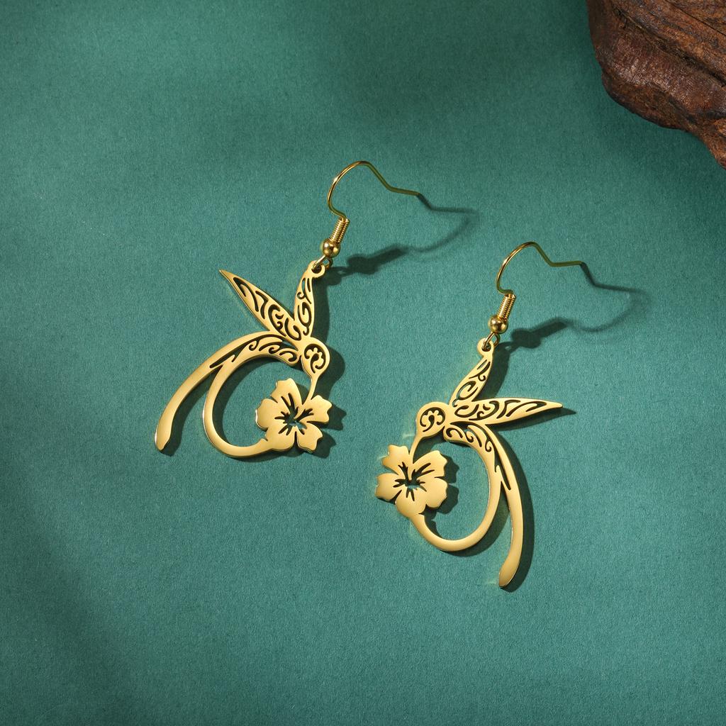 Cazador Gold Color Hummingbird Flower Pendant Drop Earrings for Women Stainless Steel Jewelry Earrings Valentine Gift 2026 New
