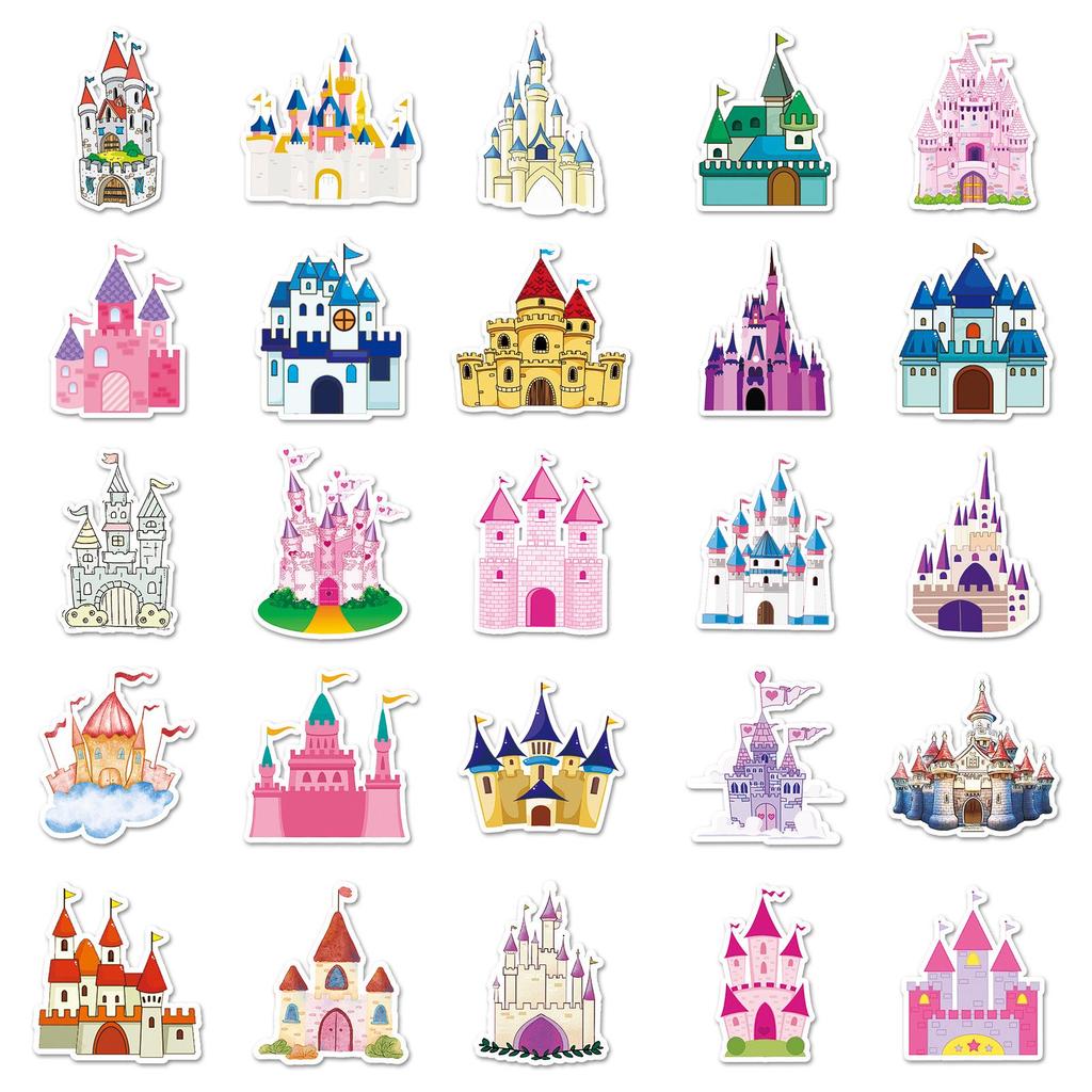50-Piece Castle Cartoon Waterproof Decorative Stickers for Suitcases, Scooters, Computers, and Tablets