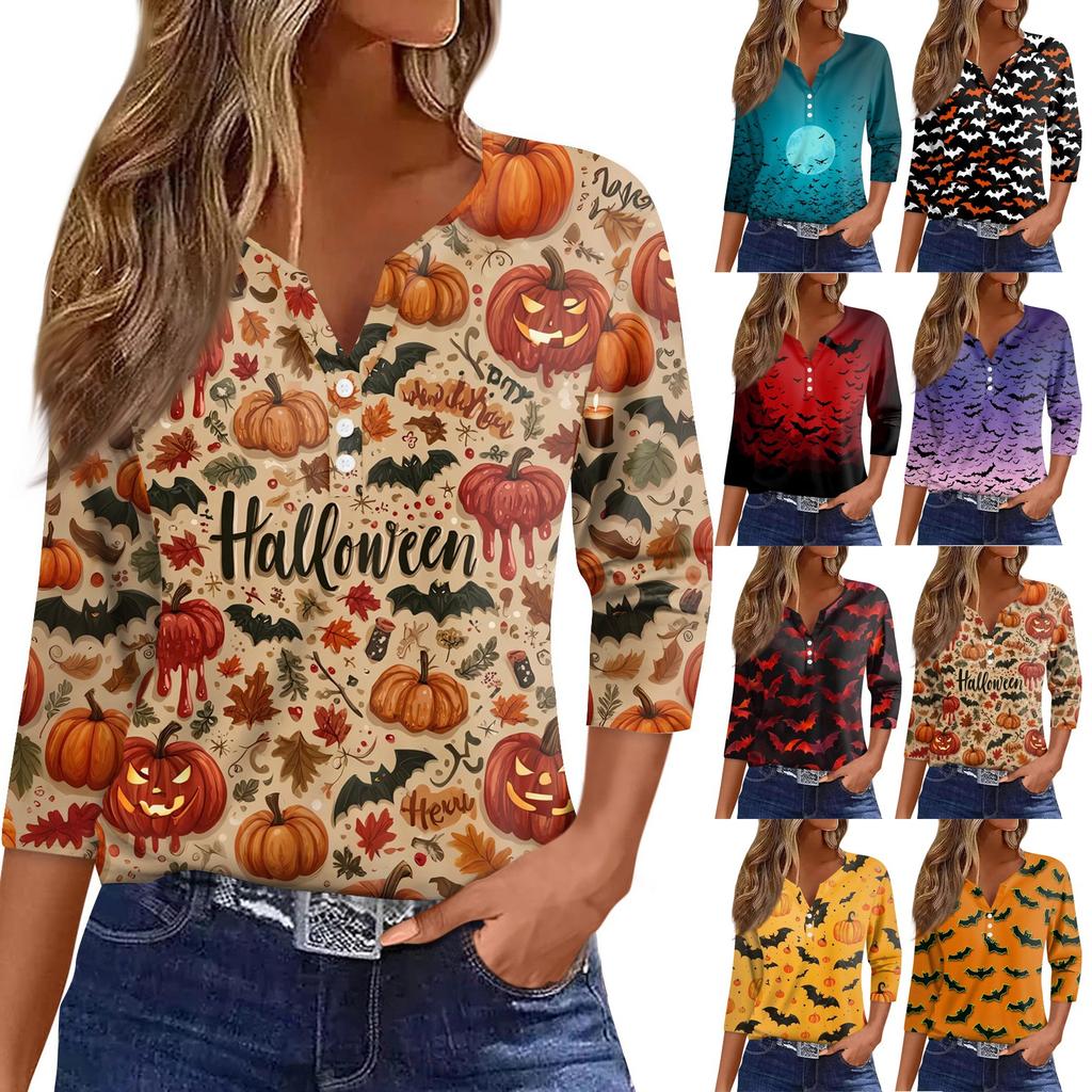 Women's T Shirt Halloween Print Button 3/4 Sleeve Daily Weekend Fashion Basic V- Neck Regular Top