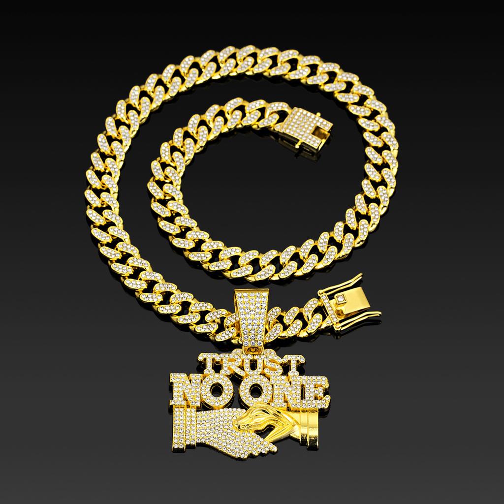 European and American alloy accessories are hot-selling TRUST NO ONE diamond-encrusted pendant, men's personality trendy hip-hop Cuban chain