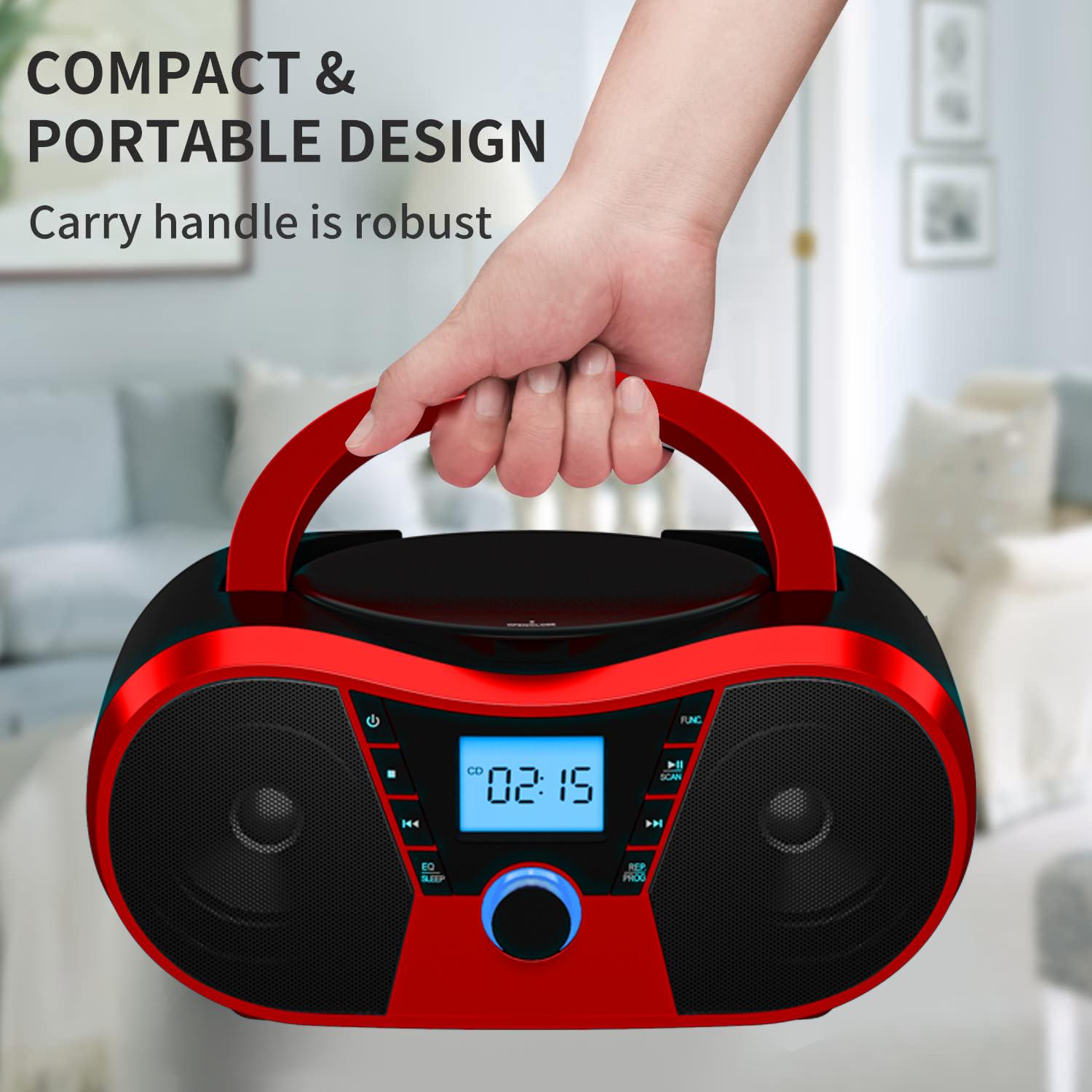 

Многофункциональный CD-плеер, USB-плеер, Двойные стереодинамики, Пульт дистанционного управления, Bluetooth-динамики, FM-радио красный