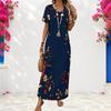 Women Plus Size V Neck Short Sleeve Printed Navy Blue Straight Maxi Dress
