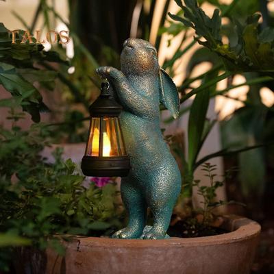 Garden Rabbit Figurine with Solar Lantern Indoor Outdoor Resin Bunny Statue Sculpture Patio Yard Lawn Animal Easter Decoration Ornament