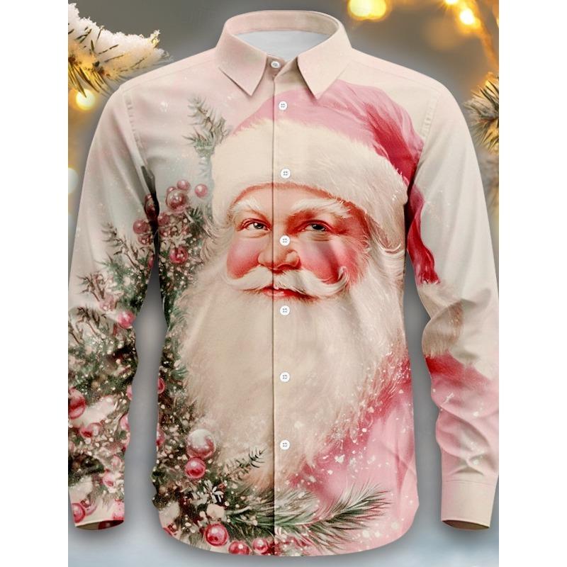 Christmas Santa Claus Casual Men's Button Up Shirt Long Sleeve Christmas theme Shirt Collar Button Up 3D Print Thin Polyester