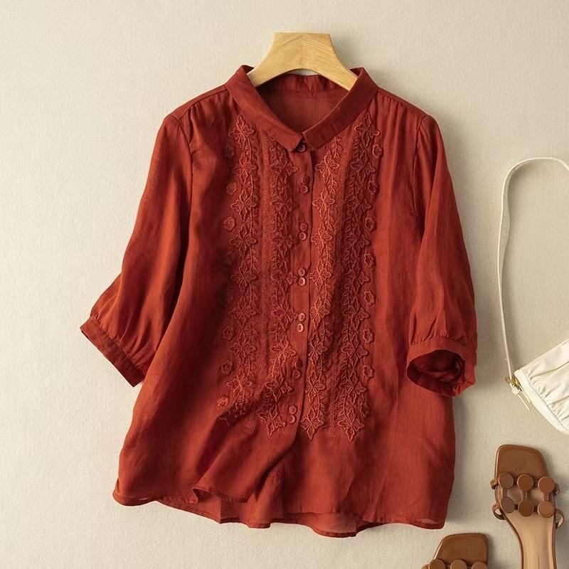 Seven Quarter Sleeve Embroidered Cotton Linen Shirt Women's Artistic Retro Design Sense Top for Spring Summer Shirt