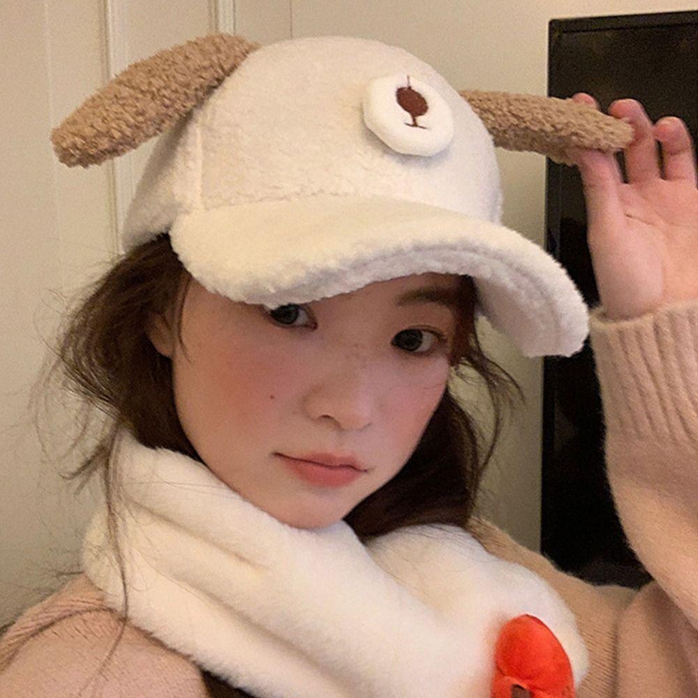 Doggie Ear Lamb Wool Baseball Cap Thicken Winter Peaked Cap Cute Puppy Baseball Hat Outdoor