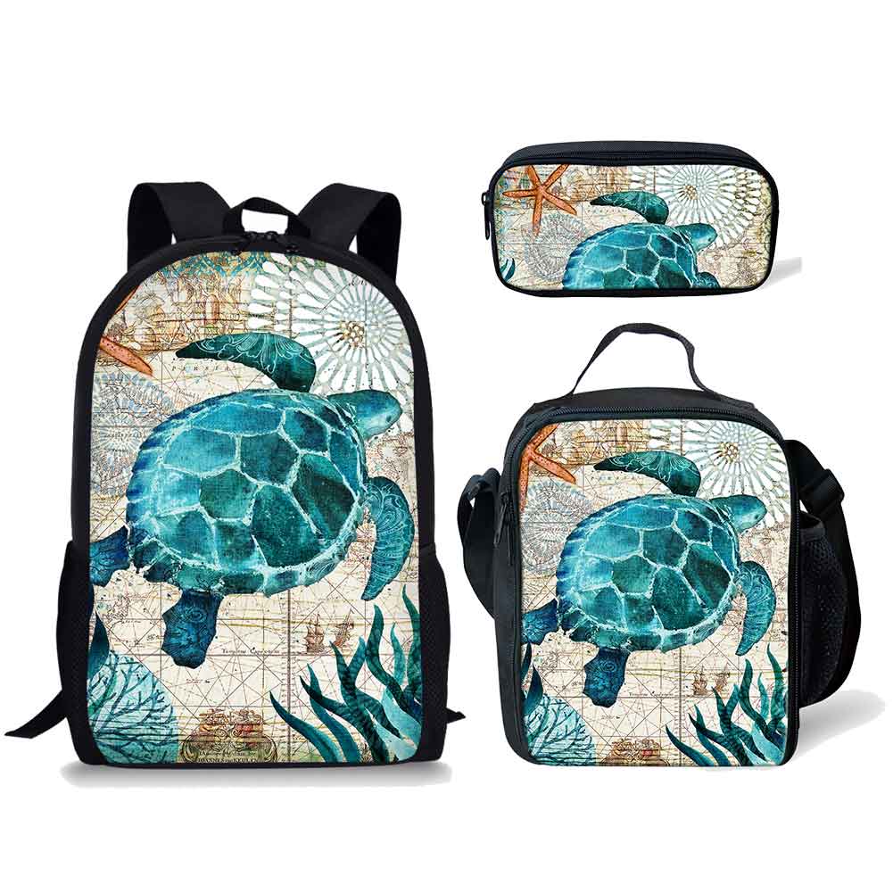 Klassiek Populair Grappig Schildpadpatroon 3D Geprint 3 stuks/Set leerling Schooltassen Laptop Dagrugzak Rugzak Lunchtas Etui