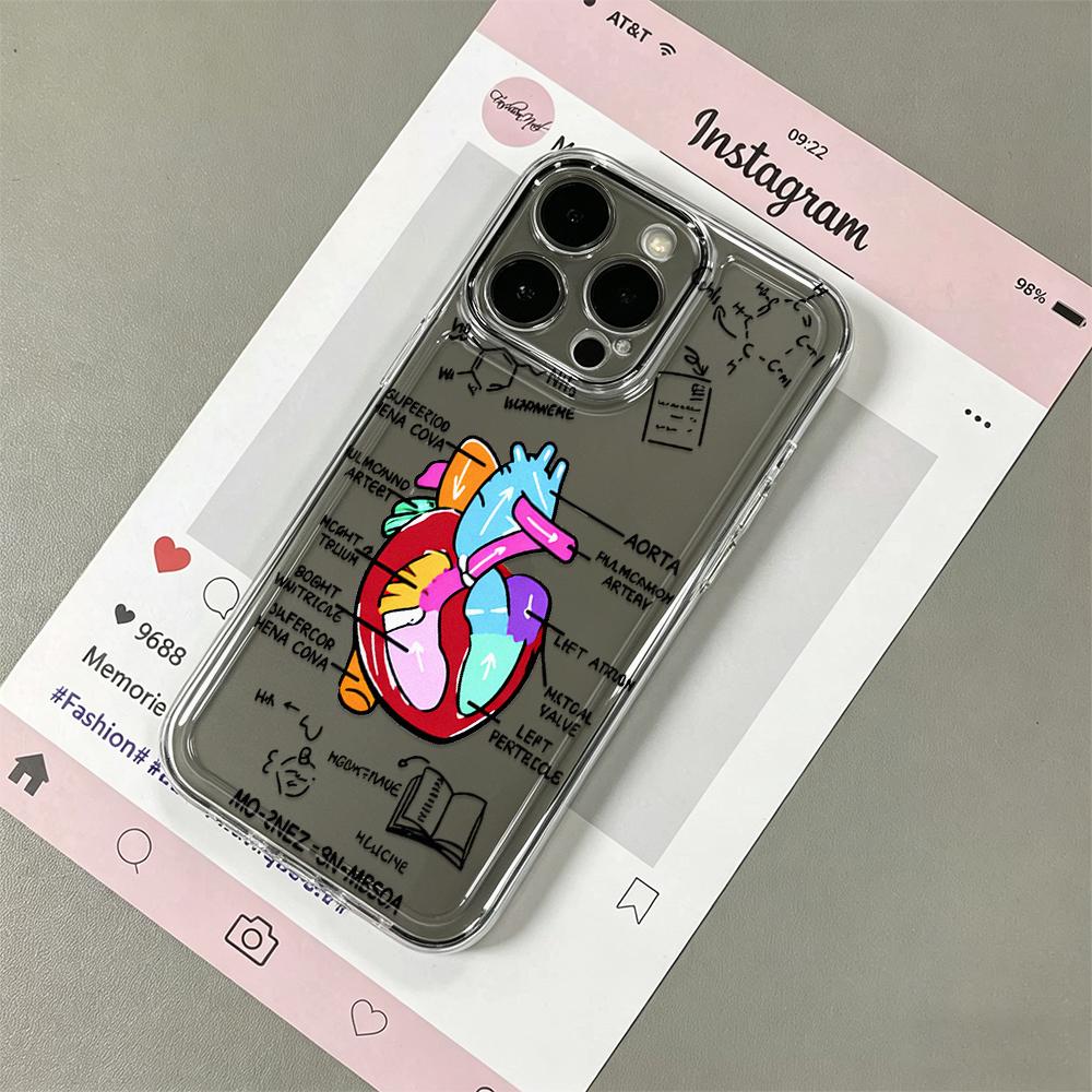 Fashion Stripe Anatomy Heart Hand-Painted Silicone Case For Iphone 13 16 Plus 12 15 11 17 14 Pro Max Trendy Striped Cover