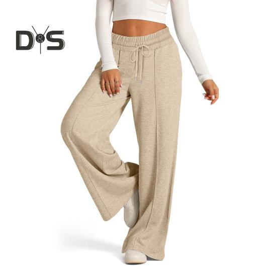 Damen Freizeithose, elastische hohe Taille, verstellbarer Kordelzug, gerade Hose mit weitem Bein und Taschen, einfarbig, lange Hose