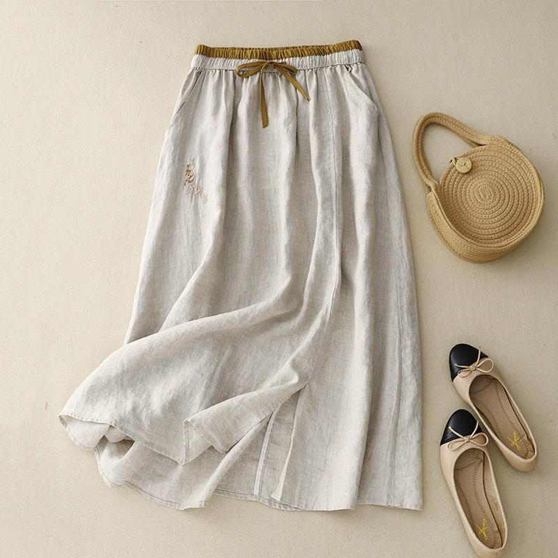 חצאית קיץ כותנה פשתן מחמיאה קפלים בסגנון עתיק רפויה מותן הדוק תנופה גדולה לנשים