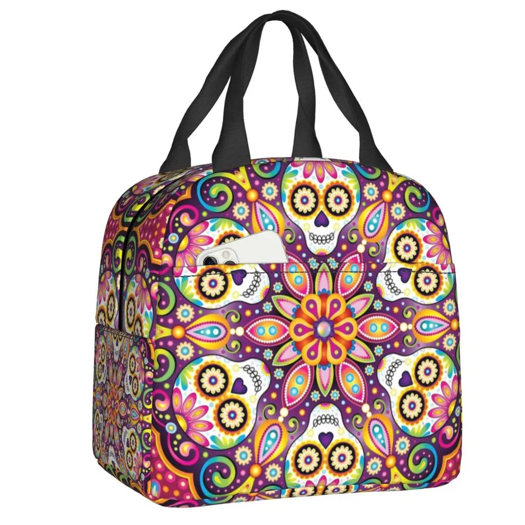 Mexican Sugar Skull Day Of The Dead Art Insulated Lunch Bags Women Resuable Thermal Cooler Food Lunch Box Outdoor Camping Travel