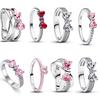 New 925 Silver Red Pink Bow Zircon Oxide Enamel Heart Love Ring Wedding Rings Fashion Fine Jewelry For Women Gifts