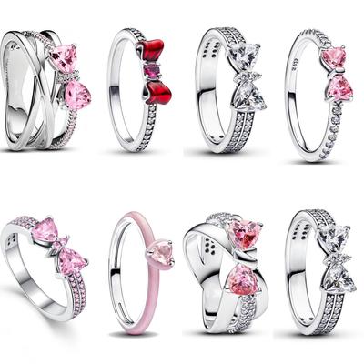 New 925 Silver Red Pink Bow Zircon Oxide Enamel Heart Love Ring Wedding Rings Fashion Fine Jewelry For Women Gifts