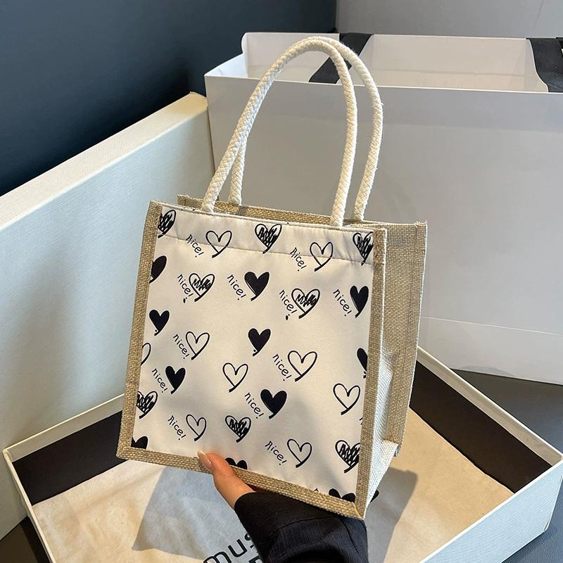 Linen Button Zipper Handbag Women Tote Large Capacity Grocery Bag Gift Bag Beach Organizer Portable Shopping Lunch Bag