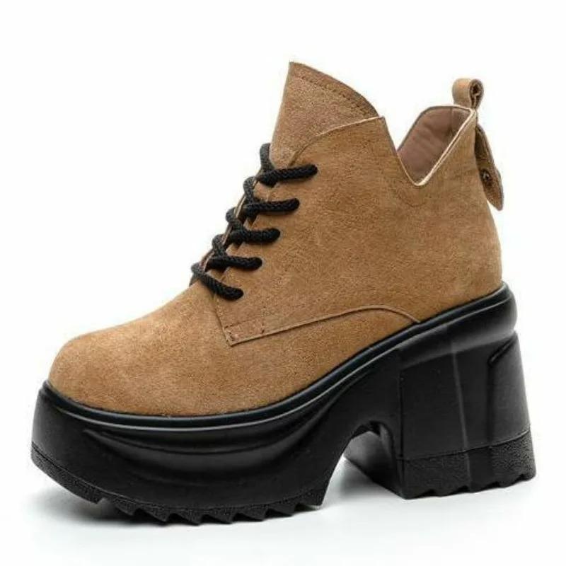Fashion 9CM Suede Leather Spring Chunky Heel Ankle Boots Platform Wedge New Autumn Women Vulcanized Increase Casual High Heels ZIP Shoes