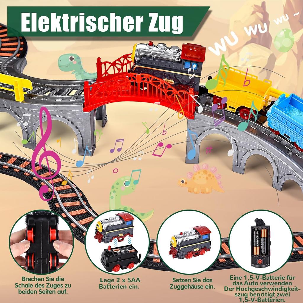 JONRRYIN Elektrische Eisenbahn: 259 Teile Dino Zug Set mit Zug, Straßenfahrzeugen, Rennstrecke. Geeignet für Kinder von 2-7 Jahren
