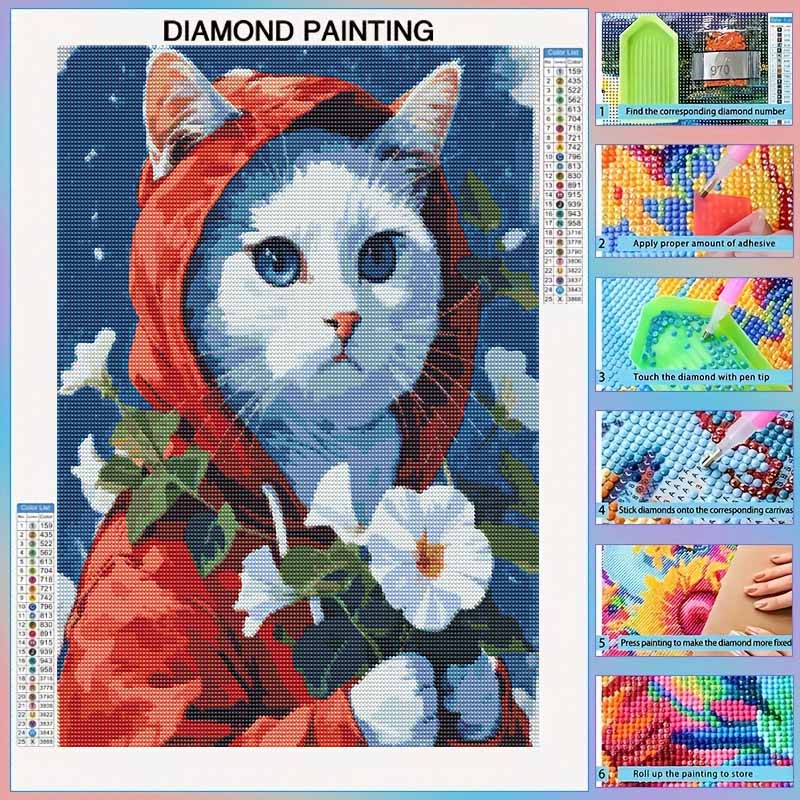DIY Full Drill Diamond Painting Kit Cute Cat In Red Hood Floral Rhinestone Art Canvas for Cozy Home Decor Gift and Wall Art Supplies