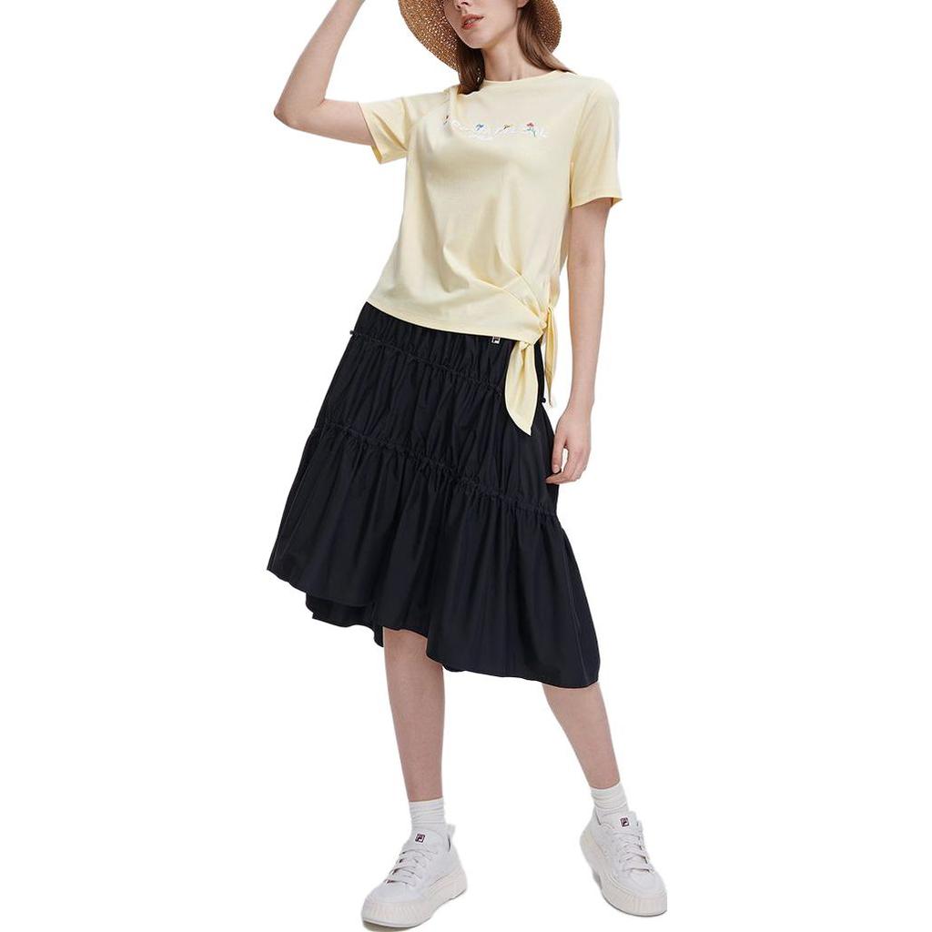 FILA Letter Floral Round Neck Short Sleeve T-Shirt Women Tops Goose-Pink Yellow F11W328109F-YE