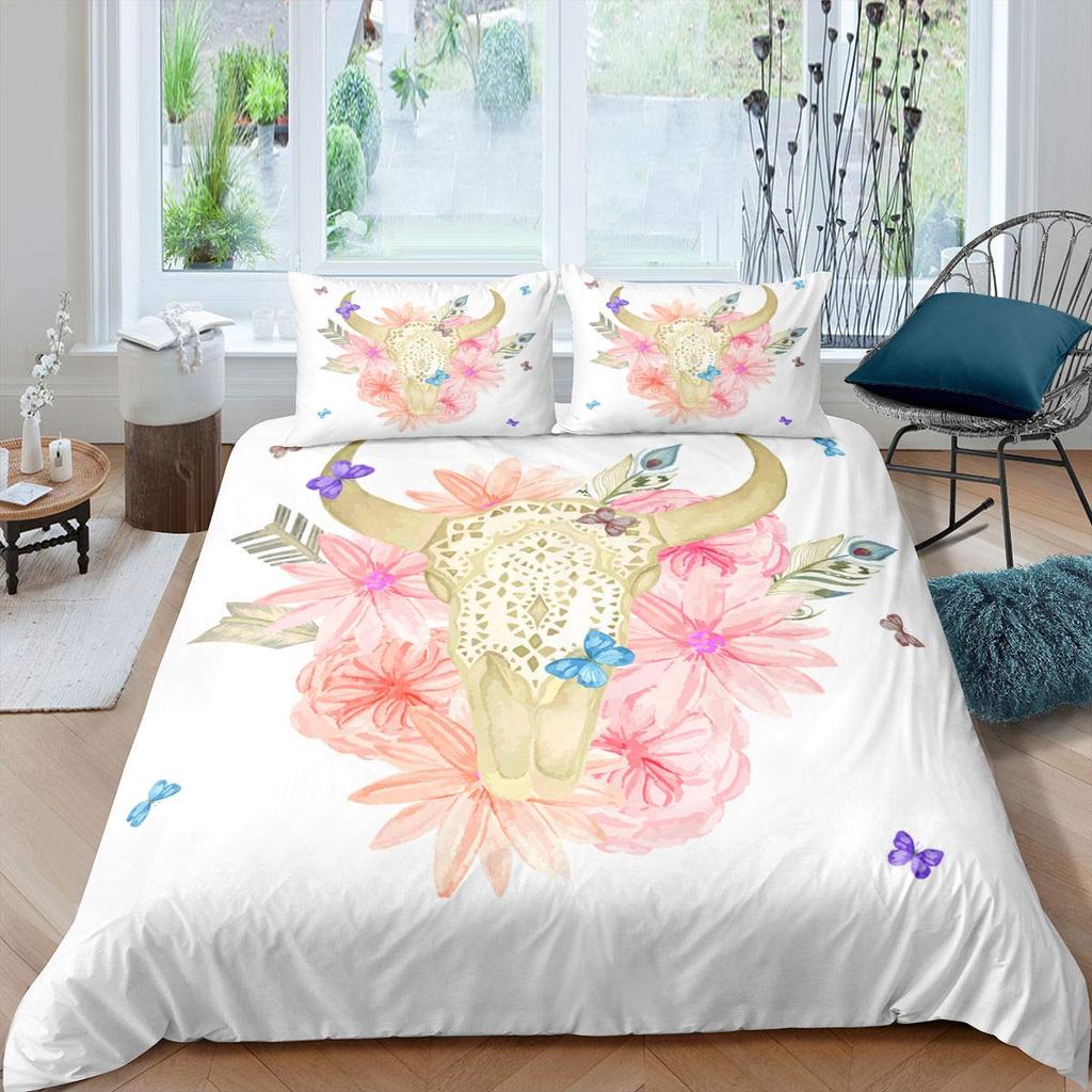 Bull Skull Duvet Cover Set Boho Chic Feather Bedding Set Bohemian Exotic Branches Flower For Teens Microfiber King Quilt Cover