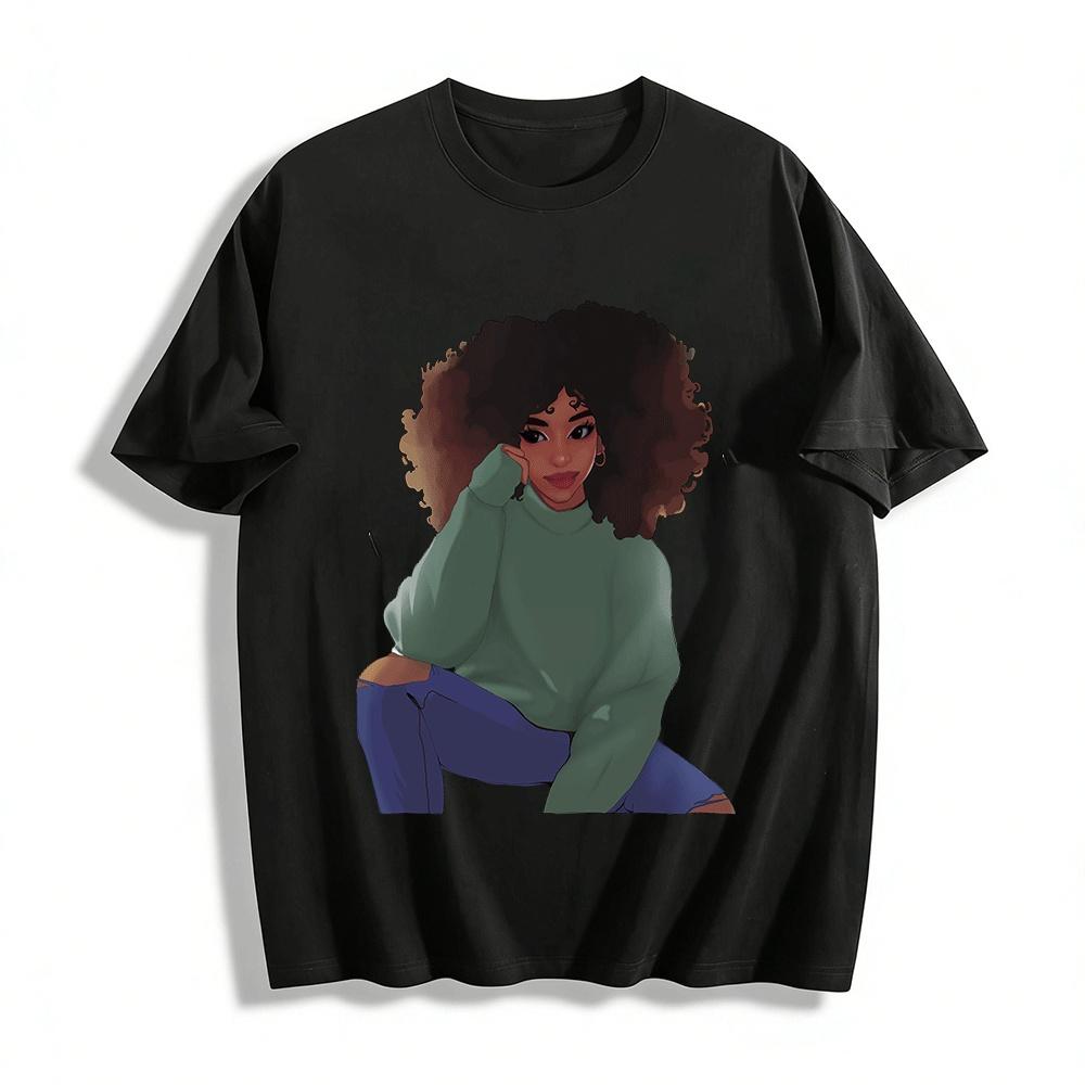 

Curly Girl Graphic Oversized Casual Sweatshirt Top Pure cotton T-shirt XXS