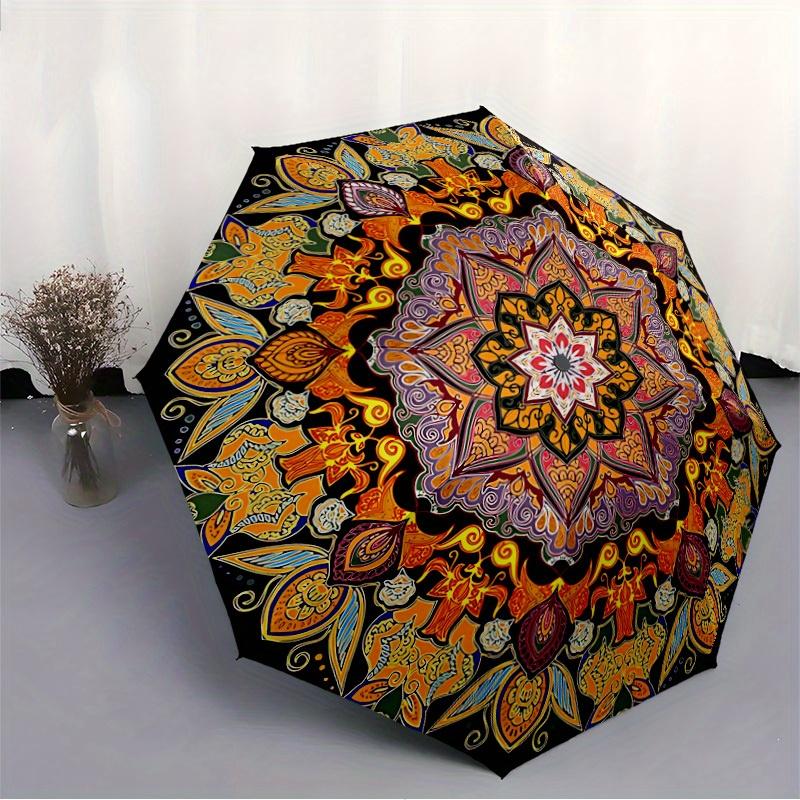 1pc Mandala Pattern Automatic Folding Umbrella - Portable Foldable Design with 8 Ribs, Durable Plastic & Iron Frame, Casual Outdoor Accessor