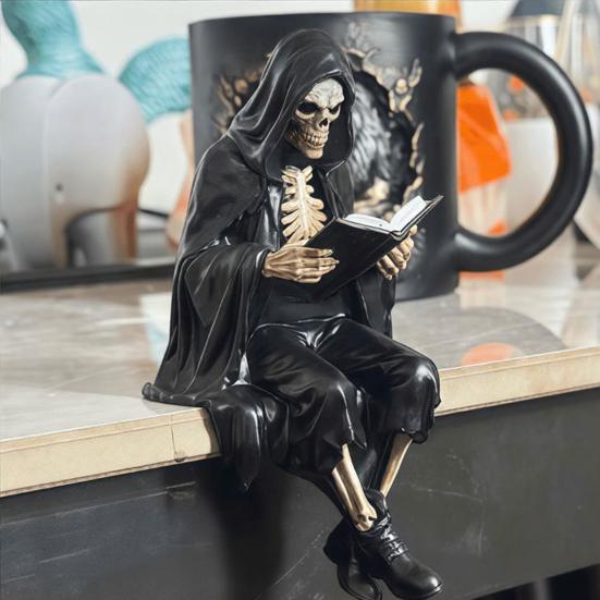 Yousheng Halloween Reading Book Skeleton Figurine, Spooky Reading Devil Resin Sculpture, Gothic Black Robe Grim Reaper Statue for Home