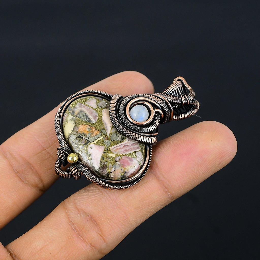 Copper Rhodochrosite Pendant, 999 Copper Wire Wrapped Jewelry, Gemstone Jewelry Pendant, Handmade Wedding Gift Jewelry