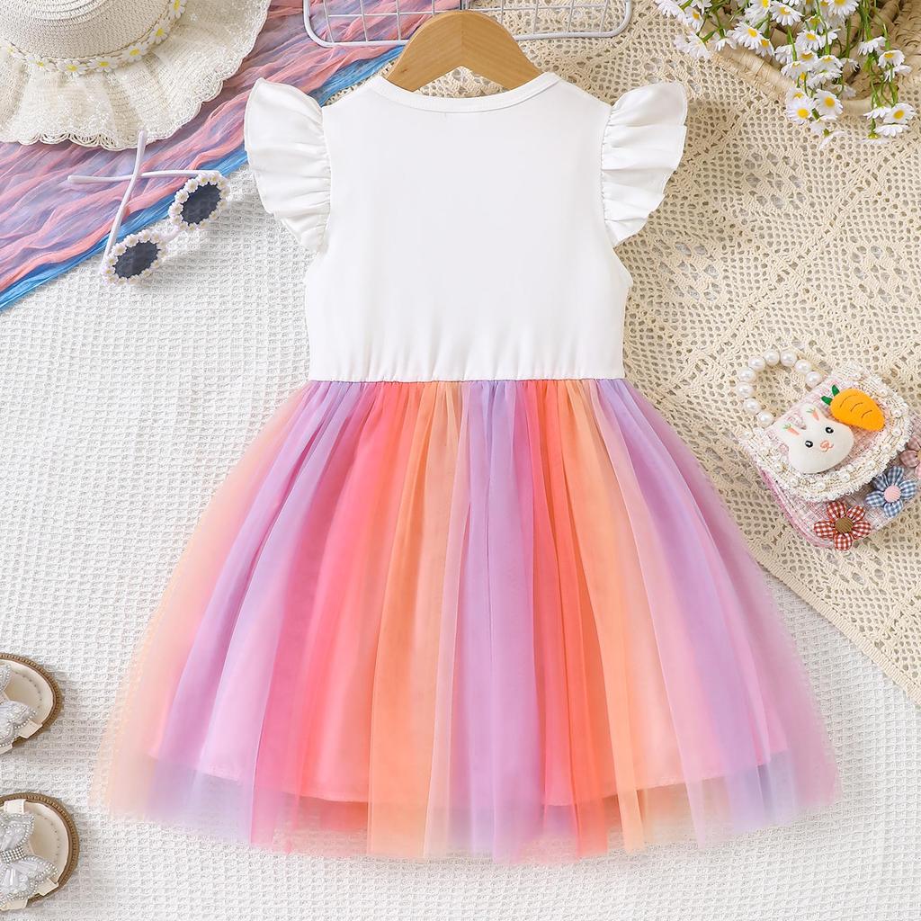 Girls' Easter Dress with Floral & Rabbit Print, Puff Sleeves, and Ribbon Bow