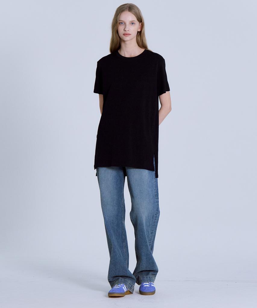 BASIC HOUSE Women'S Cotton Single Layered Long Short Sleeve T-Shirt Black Lats0216