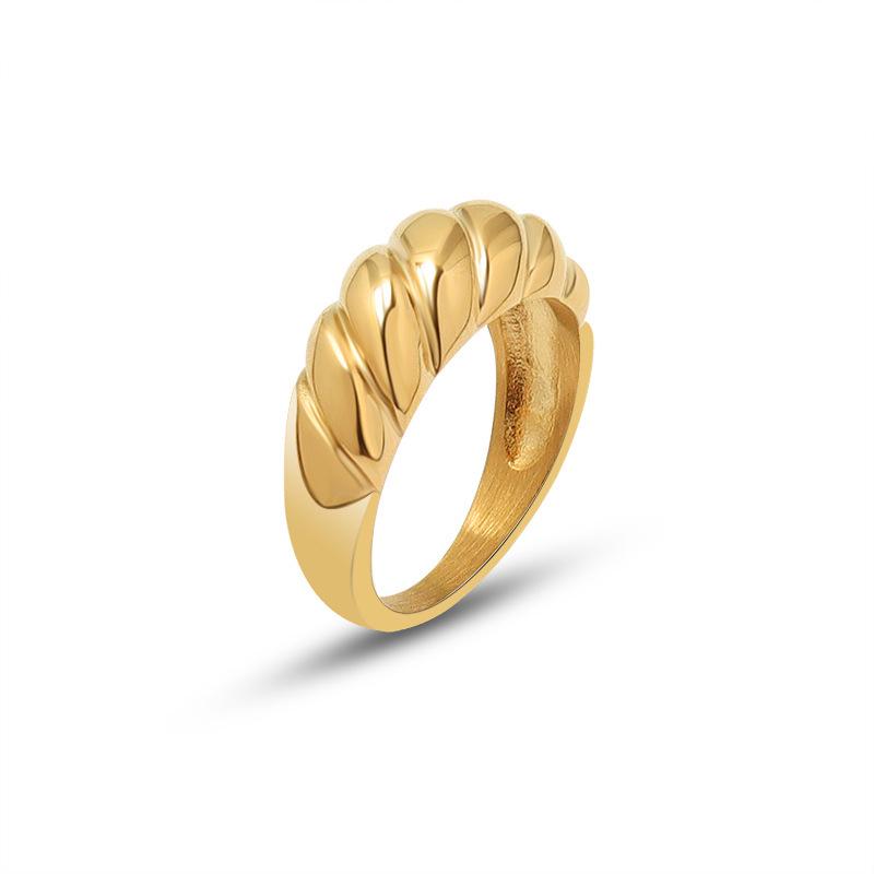 Geometric European-American Retro Ribbed Wave 18K Gold Titanium Steel Pinky Ring, A157