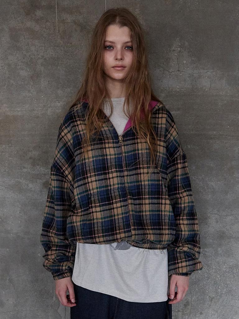 Expired Girl Check Hoodie Zip Up Blueberry
