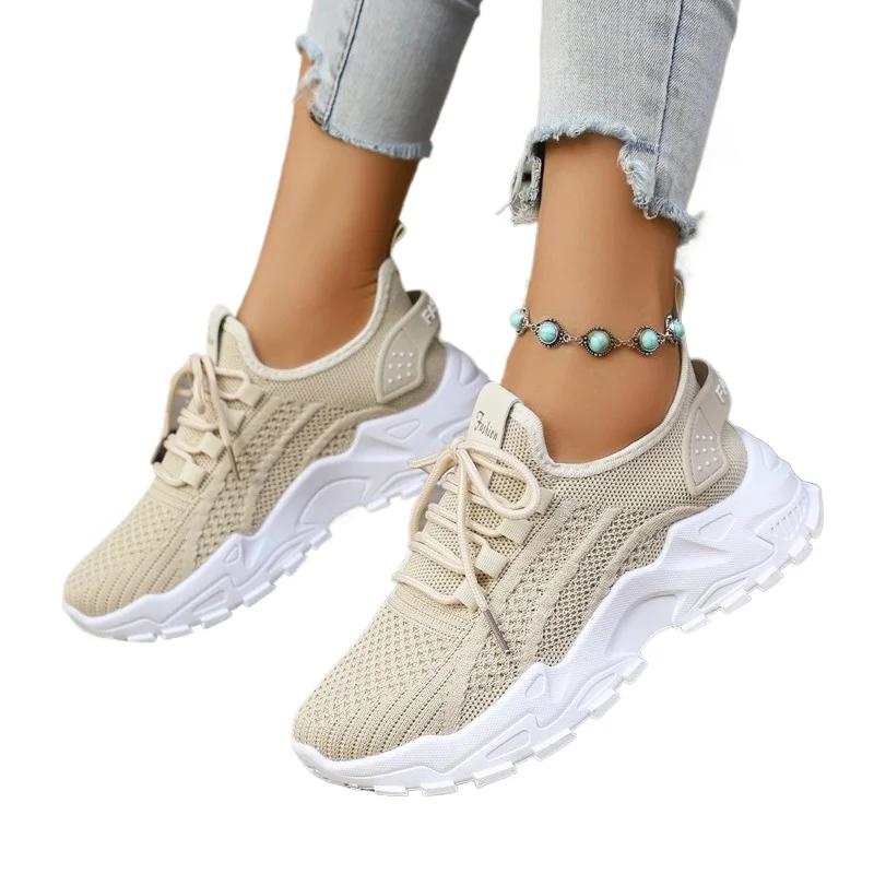 Shoes Female 2025 Knitted Women's Vulcanize Shoes Outdoor Solid Women Sneakers Round Toe Lace Up Platform Ladies Casual Shoes