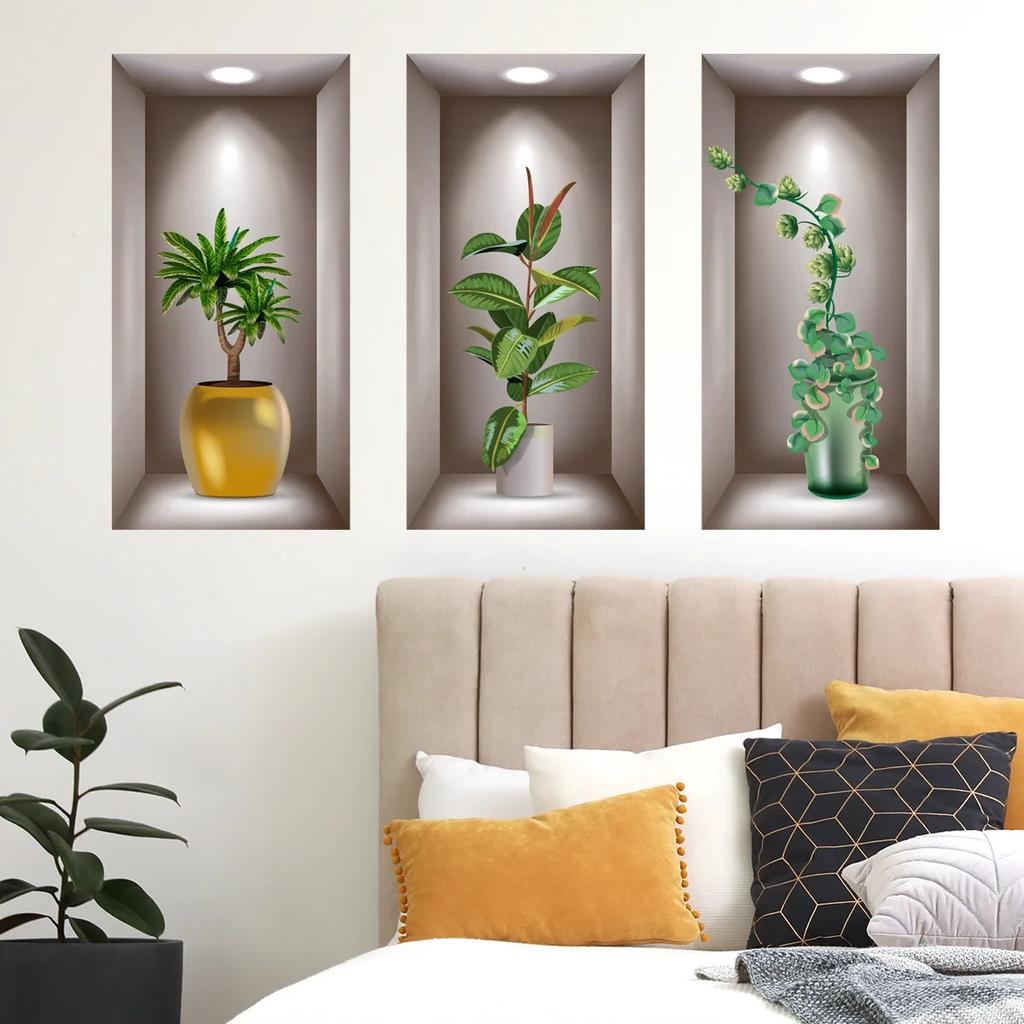 3 Blätter Grüne Pflanze Topfpflanze Wandaufkleber 3D Falsches Fenster Wandaufkleber Vinyl Wohnzimmer Hintergrunddekoration Wandaufkleber