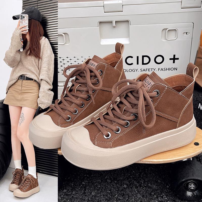 Ugly cute big head high-top shoes women's 2025 autumn new retro soft-soled women's shoes versatile sports and leisure soft leather board shoes