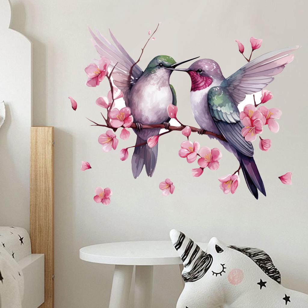 Chinese Style Magpie On Peach Blossom Branch Wall Stickers, Love Birds Painting Decor for Living Room Sofa Bedroom Wall Decoration