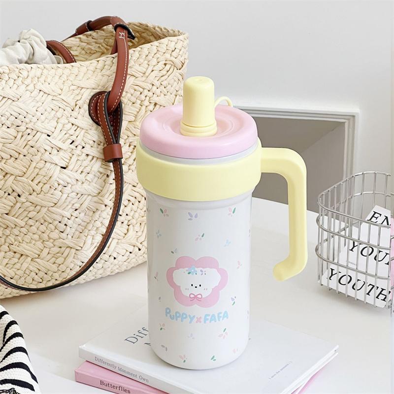 Large Capacity Cute Insulated Mug, 1000Ml Tumbler With Handle And Straw Lid, Stainless Steel Sports Water Bottle