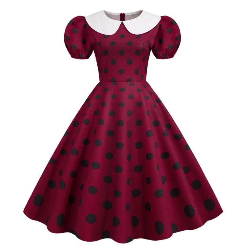 2022 Retro Polka Dot Doll Collar Short Sleeve Party Dress