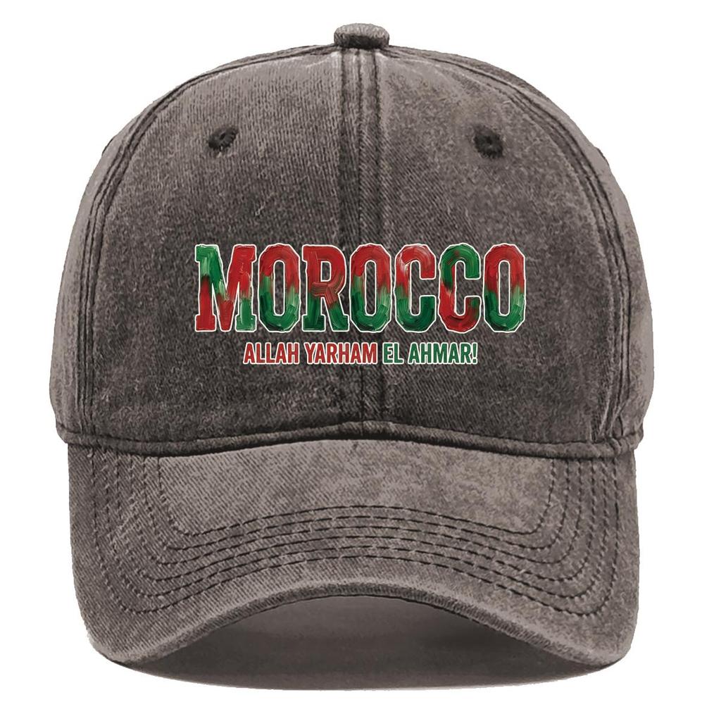 Baseball Cap With "MOROCCO" "ALLAH YARHAM EL AHMAR" Flag Printed , Adjustable Sun Hat Headwear Unisex Trendy Casual Dad Hat