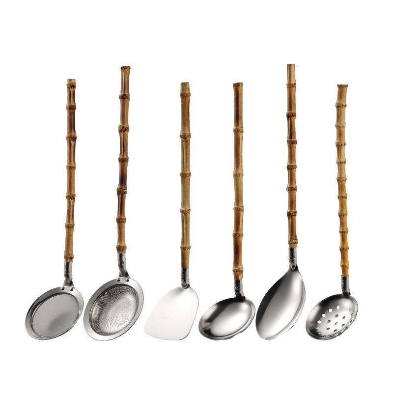 304 Stainless Steel Bamboo and Wood Handle Japanese Soup Shell Colander Mini Shovel Multi-style Mesh Colander Natural Bamboo Joint