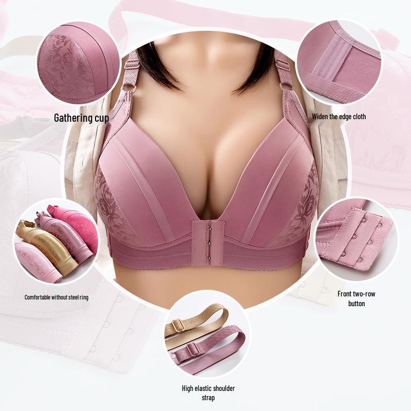 Plus Size Front Closure Wire-Free Bra for Middle-Aged & Elderly: Side Support, Comfortable Thin Cup, Perfect for Moms