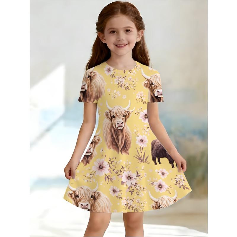 

Girls Sweet Purple Highland Cow Dress - Short-Sleeve A-Line Country Dress with Watercolor Print & 110