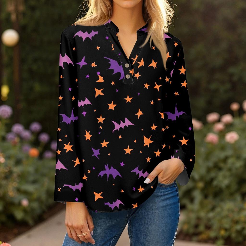 Dame Moteabel Og Casual Skjorte Langermet V-hals Knapp Trykt Bluse Topp