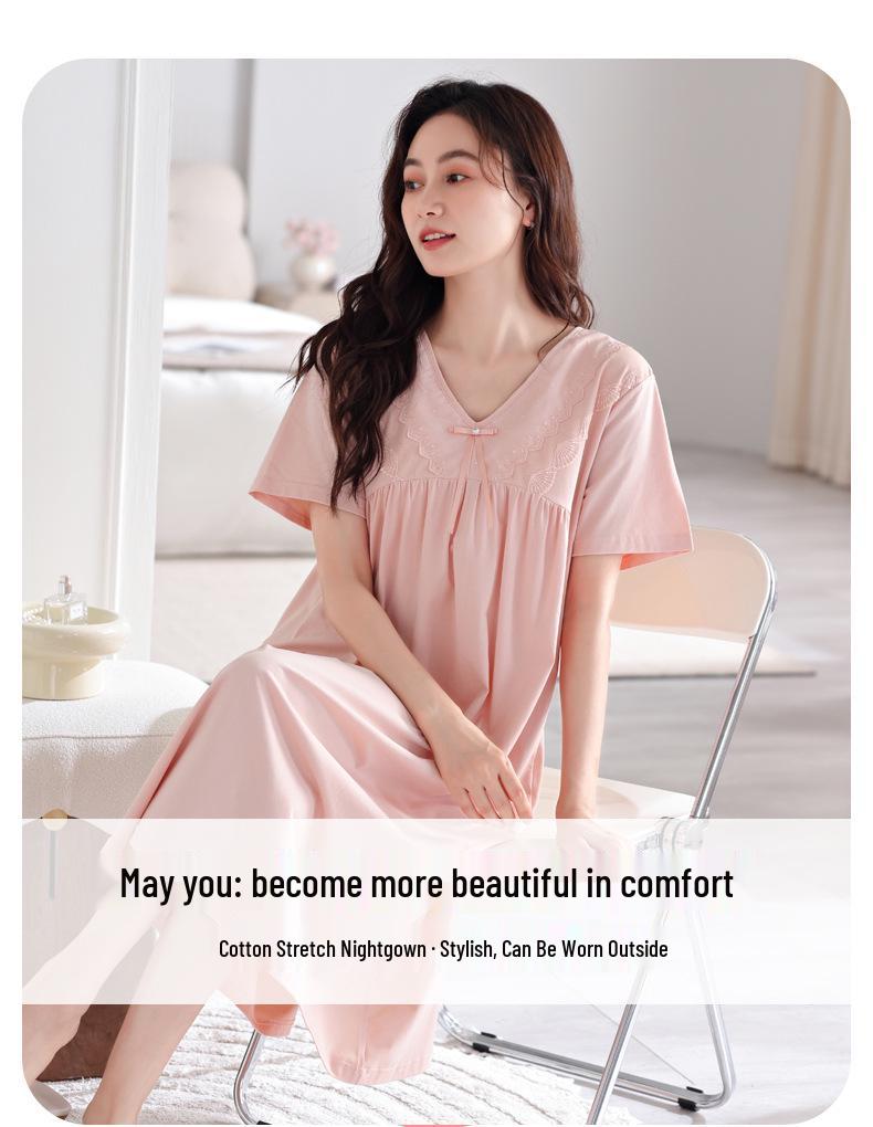Women's Summer Cotton Lace Nightgown with Chest Pads, Short Sleeve, Mid-Length, Plus Size