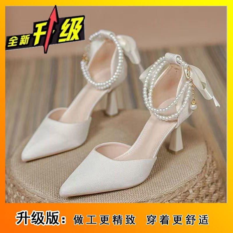 Bow Temperament Fashion Thin Heel Sandals Women 2025 New Korean Version Fairy Style Pearl Lace-up Pointed High Heels