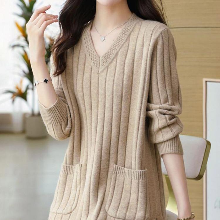 Warm Knitted Sweater for Women Thickened V Neck Pullover Long Sleeve Large Size Tops Autumn Winter