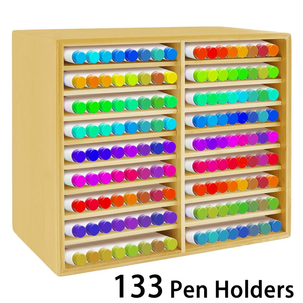 Bamboo Marker Organizer Holds 133 Markers Pens Desktop Storage Pencil Holder Watercolour Brushes Stationary Organizer