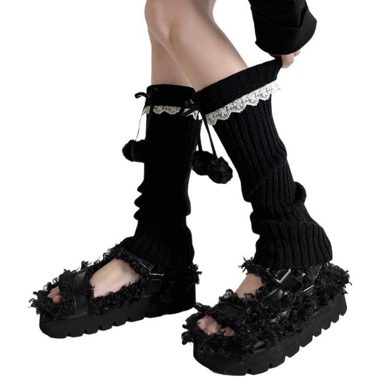 Fashionable Plush Balls Bows Adorned Leg Warmers with Lace Details for Women's Knitted Turn Cuffs Leg Covers Sleeves