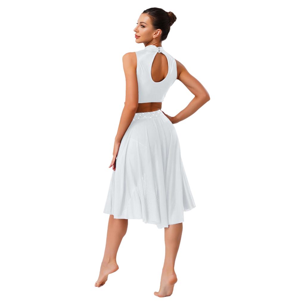 Womens Lyrical Dance Outfits Sleeveless Hollow Out Crop Top Irregular Mesh Hem Briefs Skirt Applique Dancewear Set