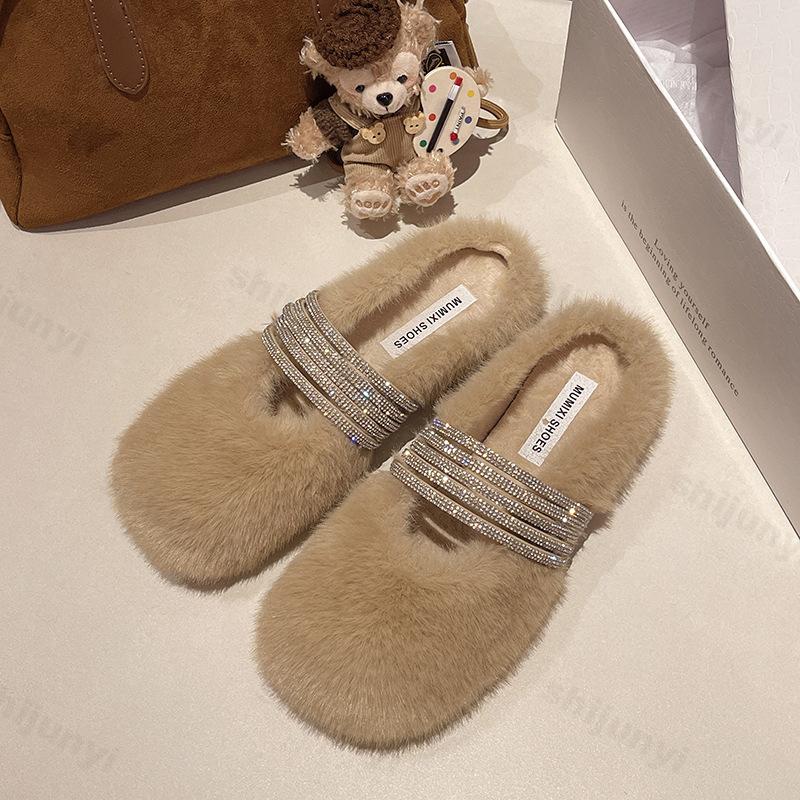 Winter Women's Slippers Fashion Rhinestone Elegant Warm Plush Shallow Mouth Slippers Fashion Comfort Outdoor Casual Cotton Shoes